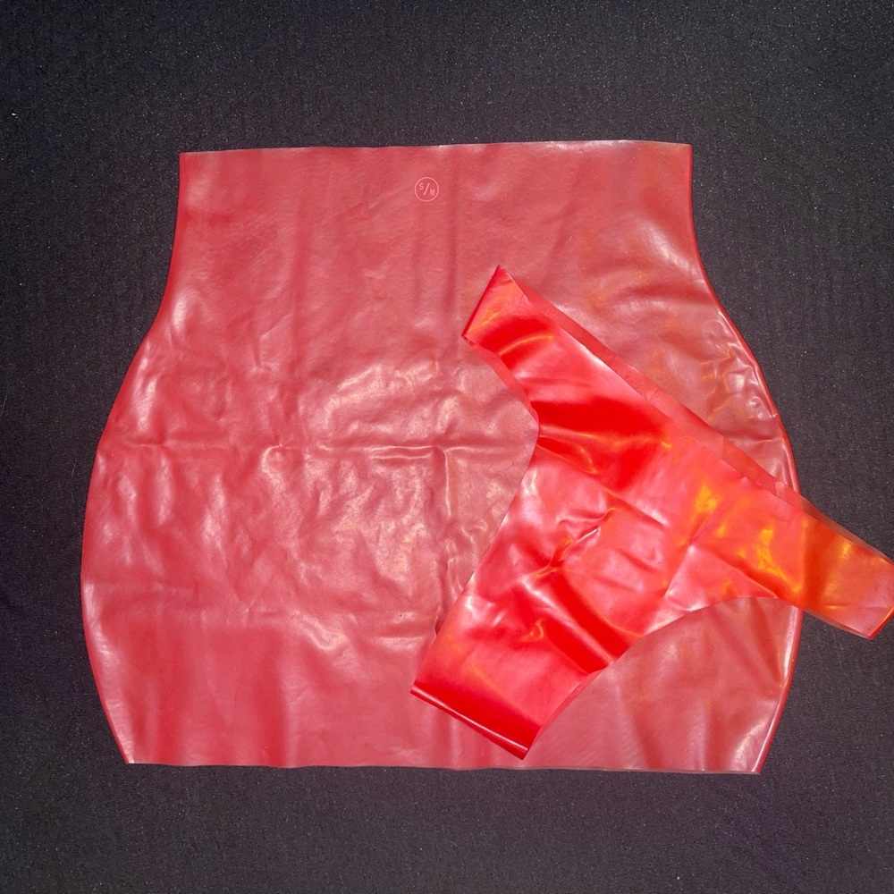 Red molded latex rubber mini skirt & thong panty